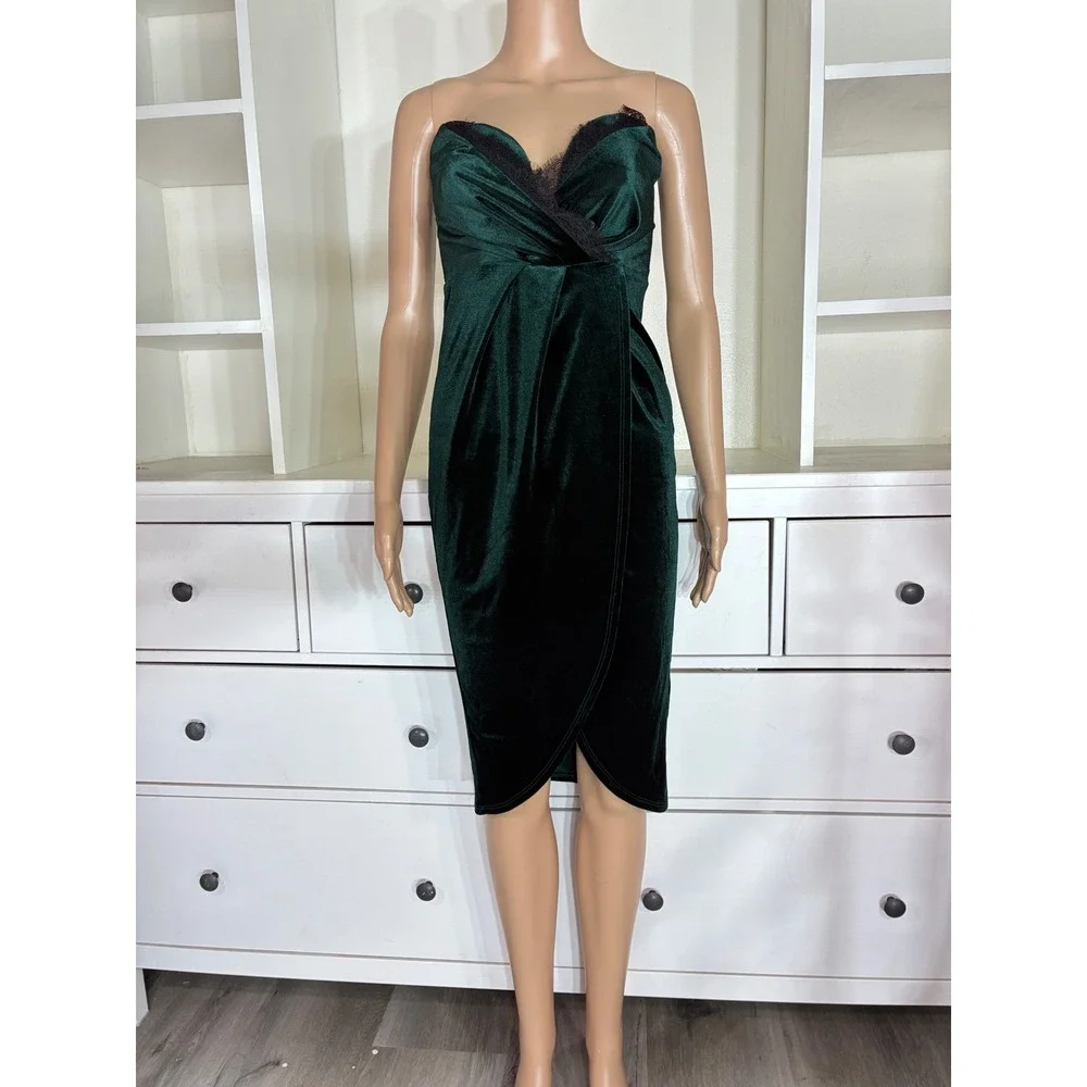 ASOS Velvet Strapless Dress Women Size 4 Green Lace Trim Tulip Skirt Midi
